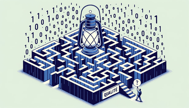  Illustration of a maze constructed from lines of code, with a coder at the entrance holding a lantern that emits binary light, representing the journey